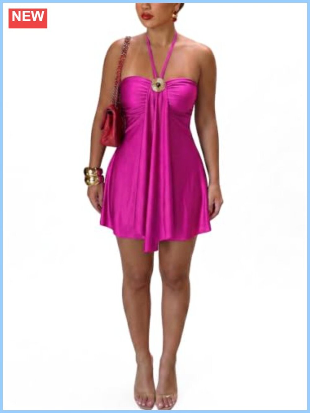 Satin Halter Mini Dress Backless Flowy A-Line Vacation Club Party